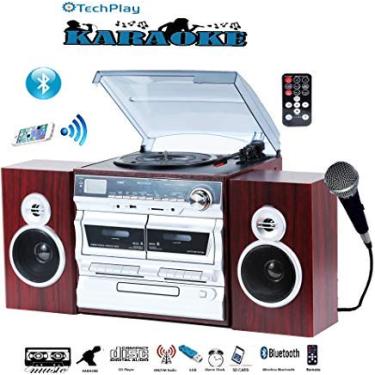 Imagem de TechPlay Karaokê ativado, 30W RMS, toca-discos clássico retrô, NFC Bluetooth, tocador/gravador de cassetes duplas, leitor de CD MP3, portas SD USB, despertador digital AM/FM e controle remoto completo