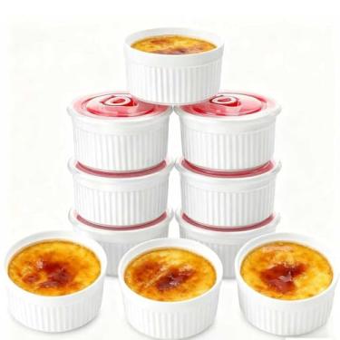 Imagem de Mfacoy Conjunto de 6 ramequins com tampas, 227 g de porcelana creme brulee suflê com tampas, copos de pudim branco para assar, tigelas pequenas para molhos, sobremesa, lava-louças e forno