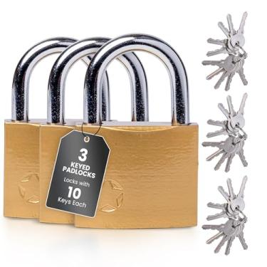 Imagem de Cadeado com chave com 5 conjuntos de chaves combinando, cadeado para bagagem, maleta, porta, armário, portão, peito, armários – forte trava à prova de intempéries feita de aço endurecido e latão sólido – 5 x 6,6 x 0,5 polegadas, Large