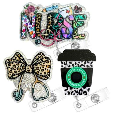 Imagem de 3 peças carretéis de crachá de enfermeira oncinha fita acrílica fofa animal impressão animal nome titular clipe jacaré retrátil enfermeiras semana presentes acessórios para assistente médico RN CNA