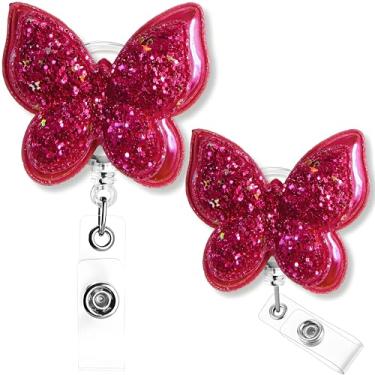 Imagem de Carretel de crachá de borboleta retrátil clipe de identificação de trabalho suporte de crachá de enfermagem estudante RN LPN CNA MA trabalhador médico professor médico clipe acessórios vermelho 2