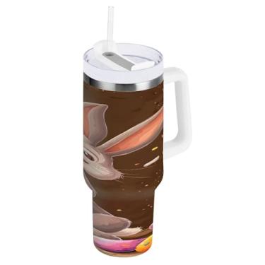 Imagem de STAYTOP Copo de ovos de Páscoa e coelhos fofos de 1,134 g com tampa e palha, copo isolado de aço inoxidável durável à prova de vazamento com alça, garrafas de água à prova de derramamento para viagens