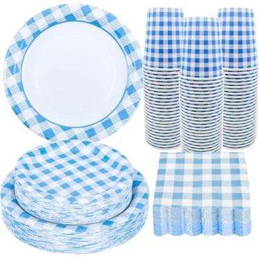 Imagem de 100 peças de artigos de festa de guingão azul e branco, pratos de papel quadriculado, pratos de guingão e guardanapos para casamento, piquenique, decoração de festa de aniversário guingão, serve 25