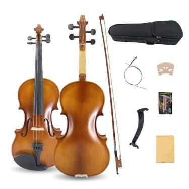 Imagem de YoungMonic Kit de violino 4/4 com pescoço de bordo, tília, corpo de madeira compensada sólida, acabamento fosco, violino com descanso de ombro, capa de ponte de arco e cordas para iniciantes