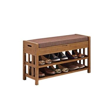 Imagem de Armários para sapatos com prateleiras para sapatos Banco de sapatos bambu, organizador 3 camadas com almofada, banco sapateira para entrada(80 * 29 * 49cm)