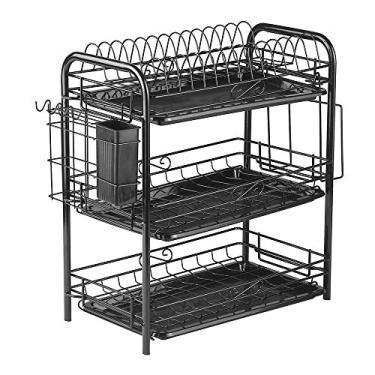Imagem de Rack de Secagem Pratos Aço Carbono -Roxinha 3 Camadas Organizador Multifuncional com Prateleira Drenagem Ganchos Suporte para Utensílios e Tabua Corte