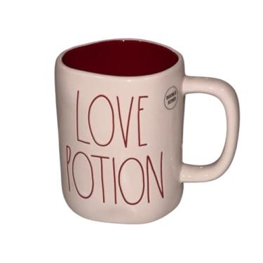 Imagem de Caneca de chá de café de cerâmica Poção do Amor Rae Dunn com interior vermelho. Caneca com tema de dia dos namorados dupla face.