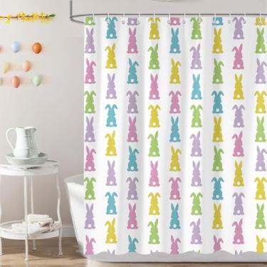 Imagem de iTapnoom Cortina de chuveiro de Páscoa impermeável de poliéster 182 x 182 cm com ganchos, silhueta colorida de coelhinho da Páscoa, decoração de banheiro