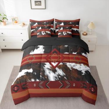 Imagem de Conjunto de edredom com estampa de pele de vaca, 7 peças, cama queen size de couro bovino em uma bolsa, crianças, meninos e meninas, pele de animal de fazenda ocidental, decoração de quarto, laranja
