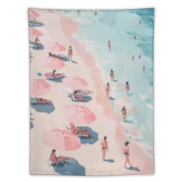 Imagem de Guarda-chuva rosa ocupado tapeçaria de praia banhistas oceano costa cena vibrante pintura a óleo estilo pendurado na parede decoração de casa costeira para quarto sala de estar ambiente de verão