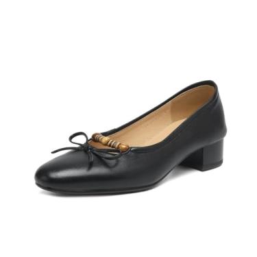 Imagem de TinaCus Sapato feminino de bico redondo, sem cadarço, de couro legítimo, feito à mão, salto baixo, Preto, 34