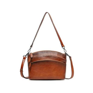 Imagem de Bolsa tiracolo vintage para mulheres - Bolsa de ombro com zíper triplo de couro legítimo com 2 alças para uso diário, Marrom, Bolsa tiracolo feminina de couro vintage