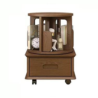 Imagem de Mesa de canto moderna de madeira com gaveta e prateleira giratória de armazenamento aberta de 360 graus, mesa de cabeceira móvel com rodinhas, mesa lateral moderna simples