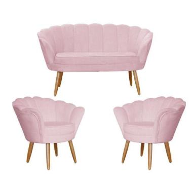 Imagem de Kit Namoradeira + 2 Poltronas Decorativa Pétala Suede Rosa Bebê Pés Ma