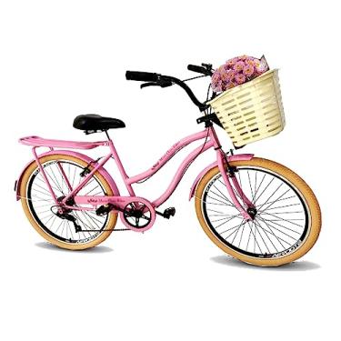 Imagem de Maria Clara Bikes, Bicicleta feminina aro 26 retrô com cestão 6 marchas rosa