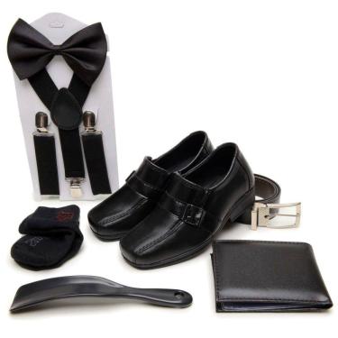 Imagem de Kit Sapato Social Pajem Casamento Infantil Gravata Borboleta Suspensorio Cinto Carteira Meia e Calçadeira