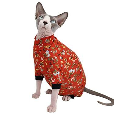 Imagem de Pijama de verão sem pelos Sphynx com quatro pernas respirável rayon roupas elásticas para animais de estimação gato colete de recuperação cirurgia camisetas gatinho roupas para gatos e cães pequenos (GG (5,4-6,5 kg), flores vermelhas vintage)