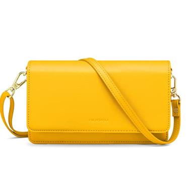Imagem de nuoku Bolsa tiracolo feminina para celular com compartimentos para cartão de crédito, carteira de pulso de couro leve, 8 - Amarelo