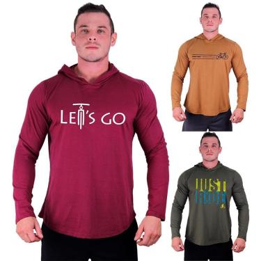 Imagem de Kit 3 Camisetas Manga Longa com Touca Longline Estampada Fitness Musculação Dia-a-Dia-Masculino