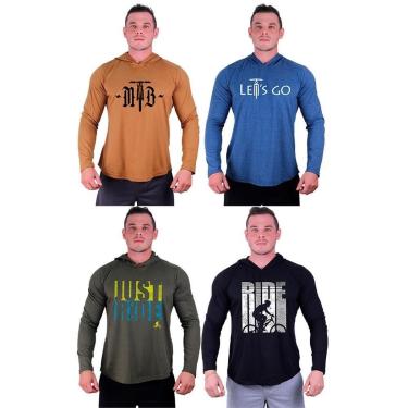 Imagem de Kit 4 Camisetas Manga Longa com Touca Longline Estampada Fitness Musculação Dia-a-Dia-Masculino