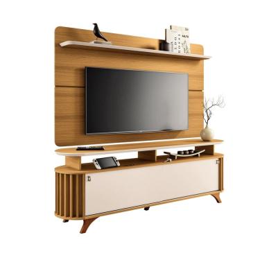 Imagem de Painel Suspenso Curv C/ Rack Bancada Alba Detalhe Ripado Sala Estar TV Até 70 Polegadas 2 Portas de Correr 1 Prateleira Pés De Madeira Maciça