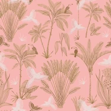 Imagem de Livelynine Palm Beach Papel de parede rosa com pássaros e árvores mural coral havaiano tropical peeling and stick papel de parede para quarto meninas banheiro quarto de crianças armários de papel de