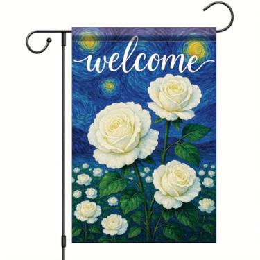 Imagem de Starlit Patio Welcome Van Gogh Bandeira de jardim céu estrelado rosa branca flor floral bandeira de quintal 30 x 45 cm decoração externa dupla face para primavera verão varanda gramado decoração de