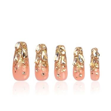 Imagem de LOVFUL Unhas De Pressão Stardust Gold Com Strass, Feitas À Mão Cristais Totalmente Cobertos, Cobertura Reutilizáveis, Coffin Classic Regular 1,3 Pol., A84-G