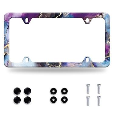Imagem de Moldura de placa de licença de impressão de mármore roxo azul placa de licença de mármore dourado colorido aço inoxidável à prova de ferrugem peças automotivas engraçadas bela capa de placa de licença decoração buracos parafusos tamanho 31,2 cm x 16 cm