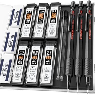 Imagem de STAGEEK Conjunto de lapiseira de 0,9 mm, 3 lápis mecânicos de metal de 0,9 mm com 6 tubos HB e 2B refis de chumbo, borrachas, lápis de artista à prova de intempéries com estojo para escrita ao ar