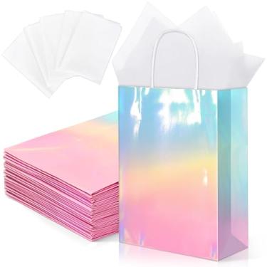Imagem de MIMIND Pacote com 24 sacos de presente de papel iridescente com alças holográficas para lembrancinhas de festa com papel de seda 20 x 16 x 7 cm Glitter dégradé rosa e azul para festas de aniversário