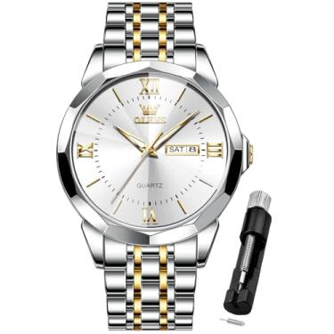 Imagem de OLEVS Relógio masculino prata moderno de aço inoxidável com data, à prova d'água, luminoso, analógico, dois tons, relógio de pulso clássico para negócios