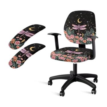 Imagem de Baxinh Capa de cadeira de escritório com estampa de libélula com capa de apoio de braço, capa de assento de escritório com estampa floral, 4 peças de encosto para cadeiras giratórias Boss, rosa e