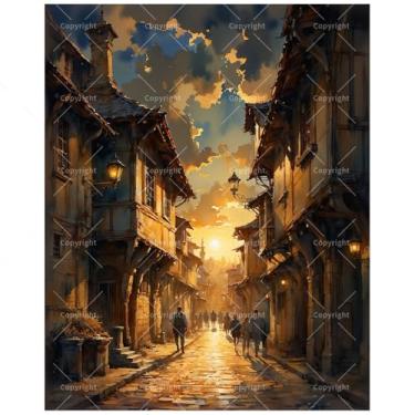 Imagem de Kit de pintura por números Old Town Sunset para adultos – Pintura de rua histórica ao anoitecer em tela 40,6 x 50,8 cm, conjunto de tinta acrílica, adequado para iniciantes, arte para decoração de