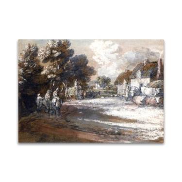 Imagem de RYLJCZ Pintura mural famosa (Through a Village) by Thomas Gainsborough- Reproduções impressas em tela- quadros para decoração de sala de estar (50 x 70 cm (19,7 x 27,5 pol) / sem moldura)