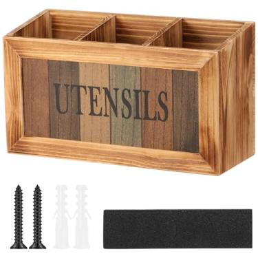 Imagem de Organizador de talheres de qualidade, suporte decorativo de utensílios de madeira com 3 compartimentos, economia de espaço, suporte de talheres de grande capacidade para cozinha, escritório, banheiro