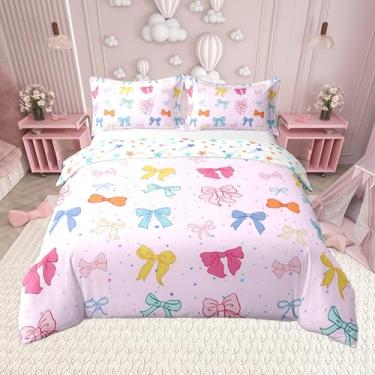 Imagem de Conjunto de cama chique com laço 100% algodão natural, conjunto de edredom com laço roxo e nó de borboleta ti, 3 peças, capa de edredom de princesa fofa, tema kawaii, sem edredom