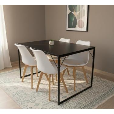 Imagem de Conjunto Mesa de Jantar Retangular com Pés de Ferro + 4 Cadeiras Estofadas Leda (Mesa Preta/Cadeiras Brancas)