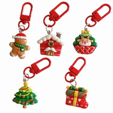 Imagem de 5 peças chaveiro de Natal, homem de gengibre, Papai Noel, árvore, caixa de presente, casa de campo, 5 designs no total, enfeites pendurados com chaveiros para lembrancinhas de festa de Natal, colegas