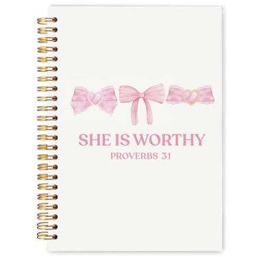 Imagem de WARDOS Caderno cristão Coquette Pink Bow 13 x 20 cm, Provérbios 31 presentes femininos, cadernos da Bíblia She Is Worthy para anotações, presentes de fé cristã, diário espiral de escrituras religiosas