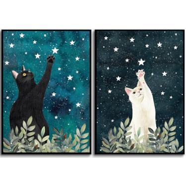 Imagem de Arte de parede de gato preto, arte de parede de gato branco, impressão de arte de céu noturno, ilustração de animal, memorial de animal de estimação, decoração de quarto infantil, pintura celestial