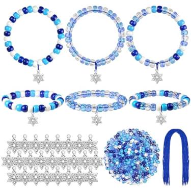 Imagem de Cinrobiye Conjunto de 24 pulseiras com contas de Hanukkah, kit de artesanato a granel DIY Chanucá com contas elásticas kit de artesanato festival de luzes, kit de fabricação de joias para presentes de