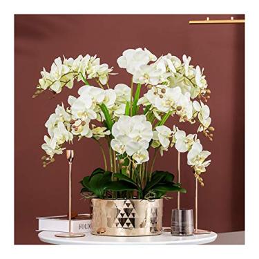 Imagem de LMJYU Presentes de flores artificiais extra grandes em vaso - tecido de seda impresso em 3D, orquídeas falsas, bonsai e flores artificiais de Phalaenopsis realistas