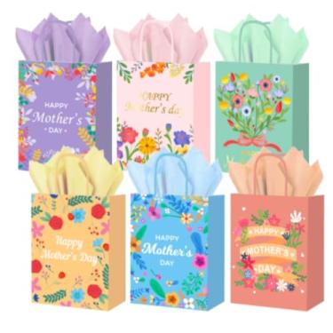 Imagem de Whaline 36 peças de saco de papel Feliz Dia das Mães com 36 folhas, sacos de papel de seda com alças coloridas florais doces sacos de guloseimas para mãe, aniversário, chá de bebê, lembrancinhas de