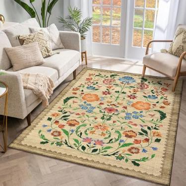 Imagem de Tapete lavável 7,5 x 12,5 cm para sala de estar, tapete floral para quarto, macio boho antiderrapante com traseira de borracha, tapete floral vintage resistente a manchas de pilha baixa para sala de