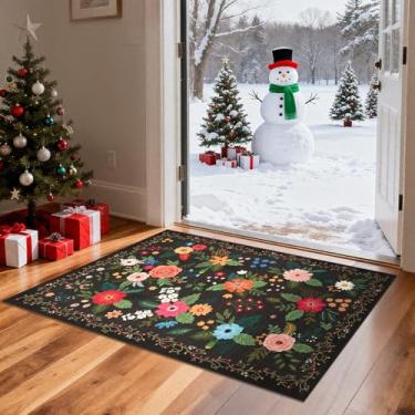 Imagem de GarveeHome Tapete de área 2x3 Boho Floral Pequeno Tapete Antiderrapante Tapete de Pelo Baixo para Entrada, Cozinha, Porta da Frente Entrada Interna, Quarto das Crianças, Preto