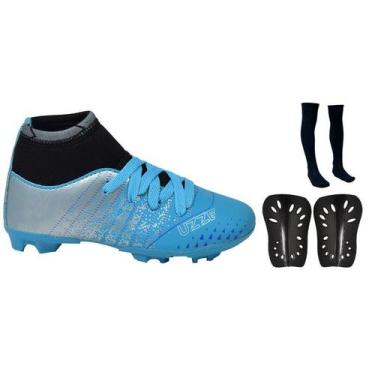 Imagem de Chuteira Infantil Campo Botinha Cano Alto Gramado Travas + Meião + Can