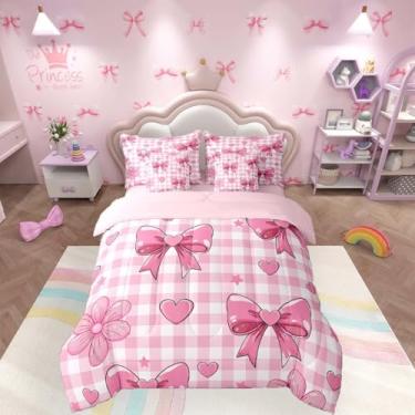 Imagem de jejeloiu Jogo de edredom casal com laço e laço rosa, 7 peças, para crianças, meninos, meninas, decoração de quarto xadrez, microfibra leve e macia