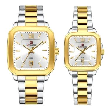 Imagem de Relogios De Pulso Analógico Conjunto De Casal Em Aço Inoxidavel Design Quadrado Impermeavel Prata Dourado