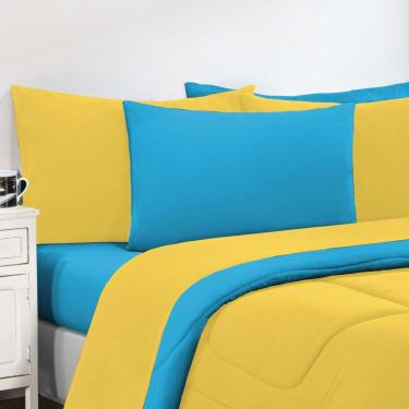 Imagem de Kit Edredom + Jogo De Lençol Malha 100% Algodão Gran Moratta 7 Peças King - Amarelo/Azul Turquesa